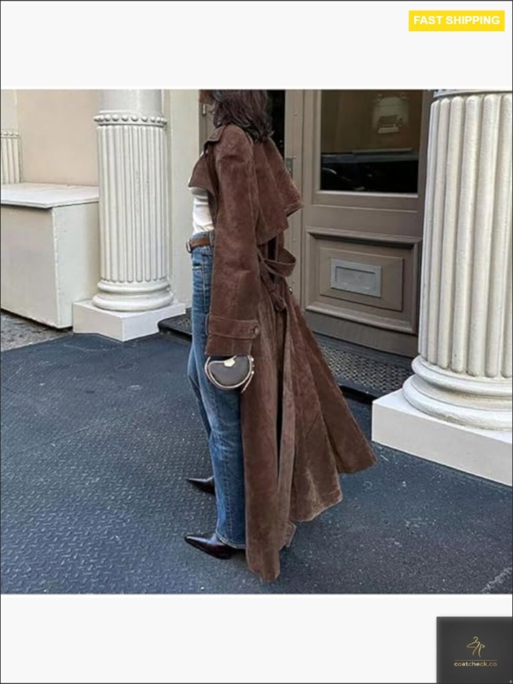 Faux Suede Double Breasted Long Trench Coat Notched Lapel Belted Overcoat - Picture 3 of 7